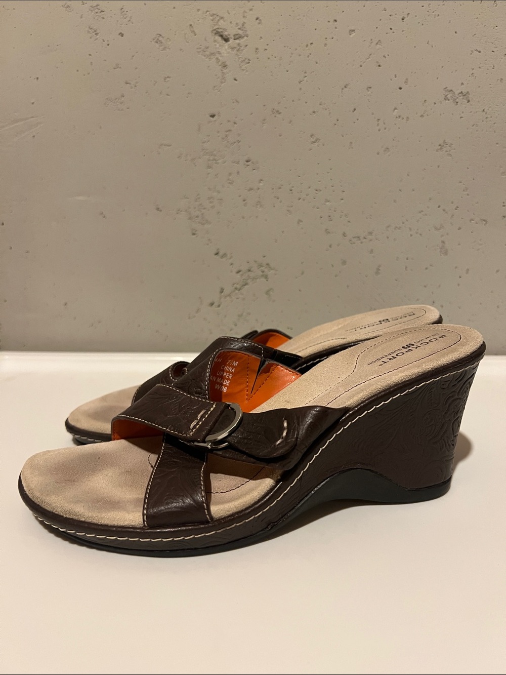 Rockport Brown Leather Wedge Slide Sandals with Buckle
